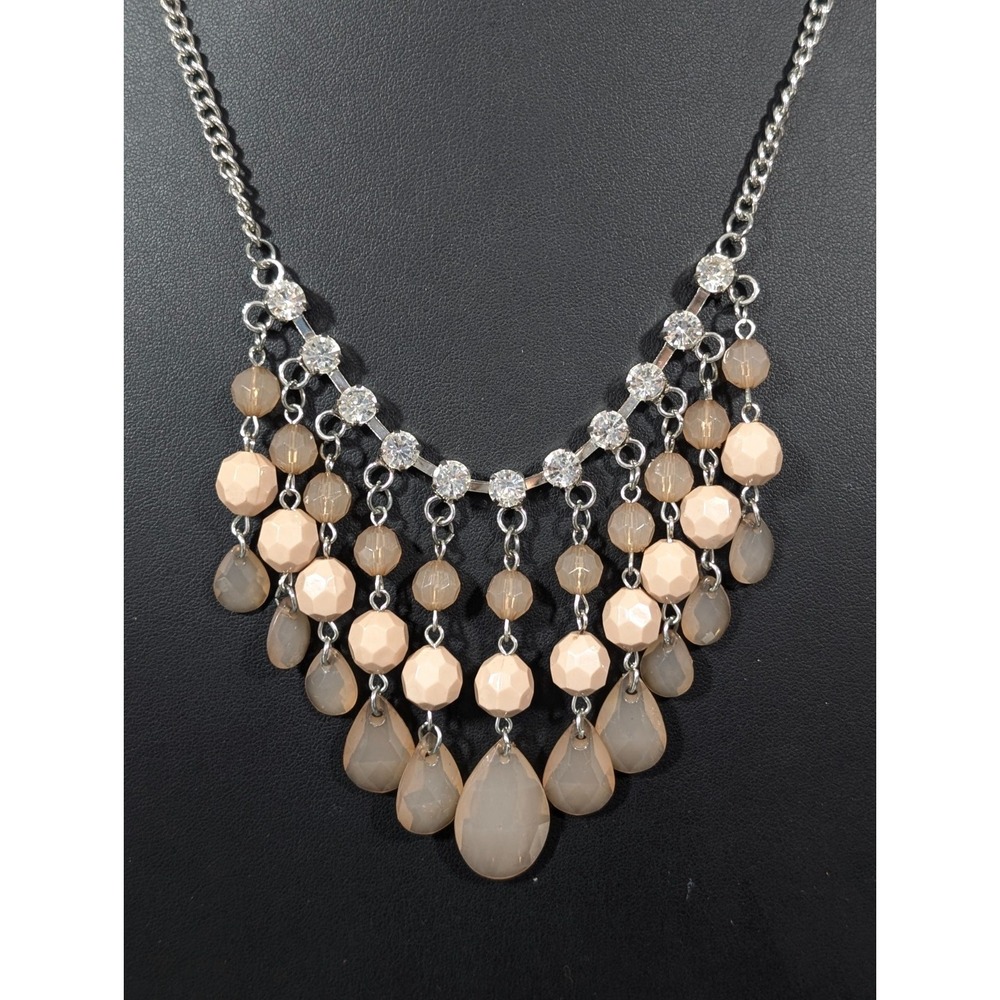Boho Brown Teardrop Charm Fringe Bib Statement Necklace Rhinestone Silver Tone
